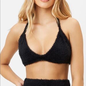 Frankies Bikinis black broadwalk fuzzy bikini top NWT
